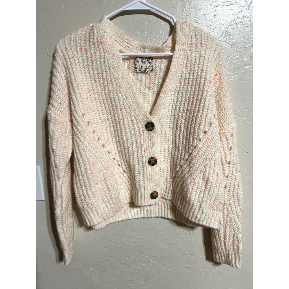 Pink‎ Republic Speckled Knit Cardigan Cream Multi Color Buttons V Neck Cropped L